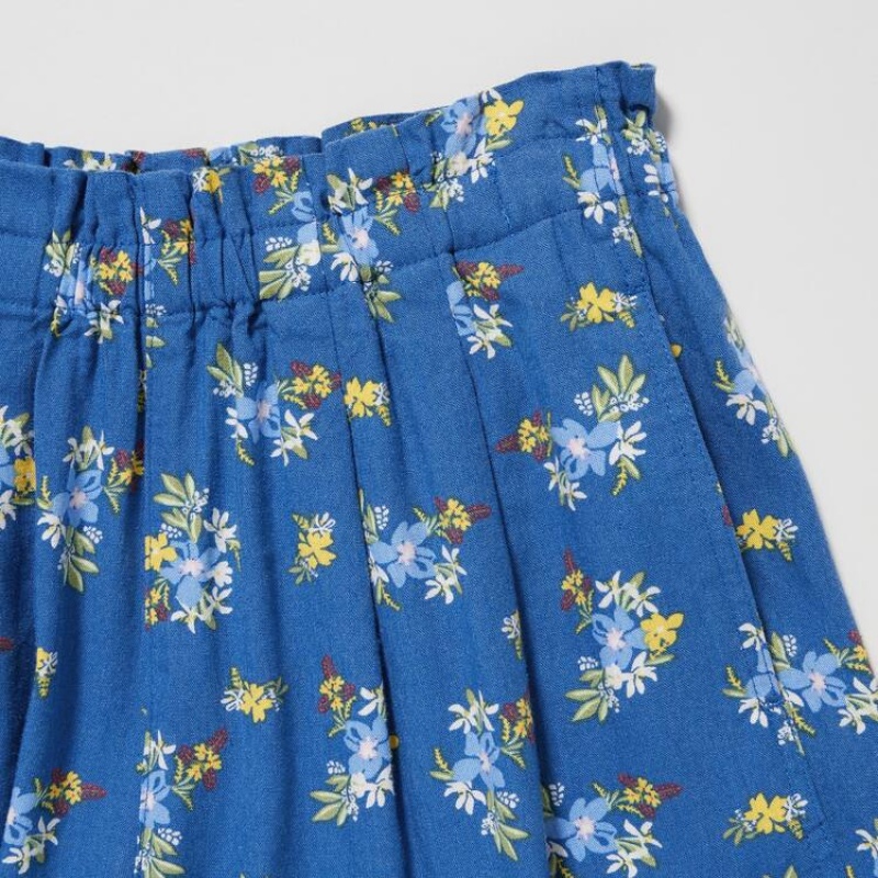 Uniqlo Linen Blend Flower Print Easy Kids' Shorts Blue | WVBUJF720