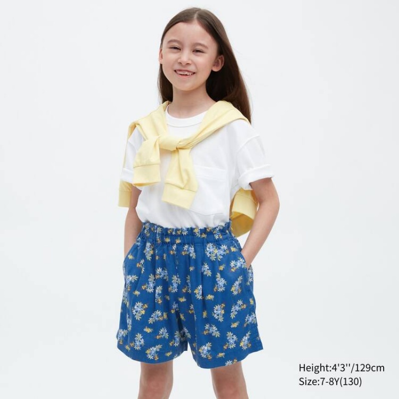 Uniqlo Linen Blend Flower Print Easy Kids\' Shorts Blue | WVBUJF720