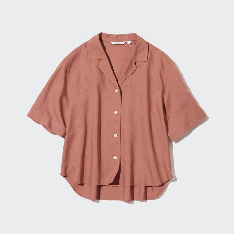 Uniqlo Linen Blend Open Collar Short Sleeved Women's Shirts Brown | VGPJIC586