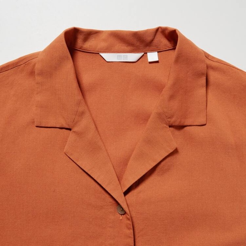 Uniqlo Linen Blend Open Collar Short Sleeved Women's Shirts Orange | EASBIT318