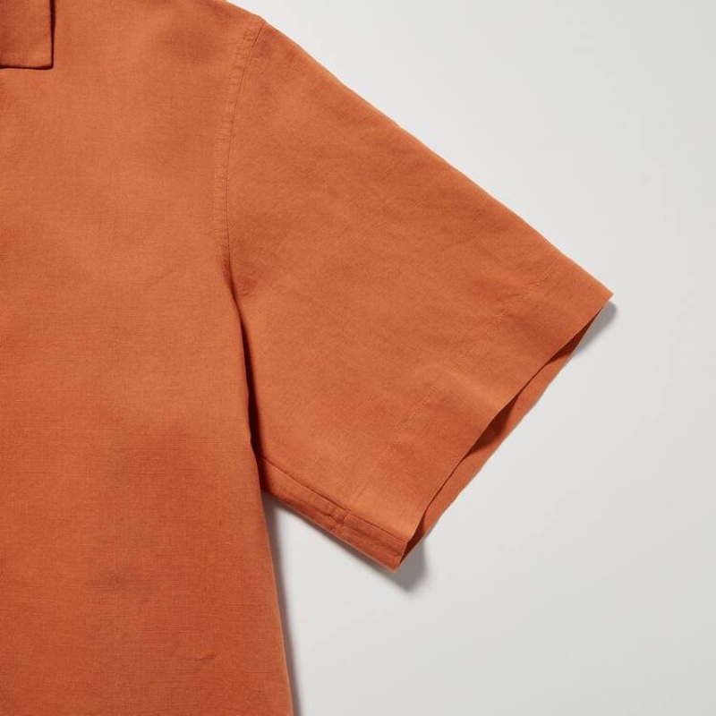 Uniqlo Linen Blend Open Collar Short Sleeved Women's Shirts Orange | EASBIT318