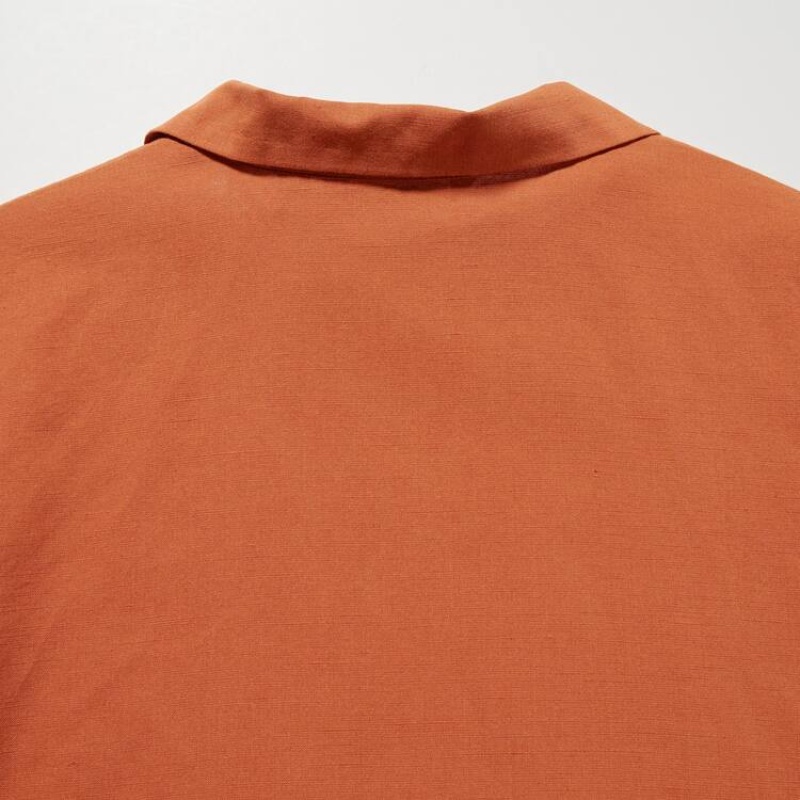 Uniqlo Linen Blend Open Collar Short Sleeved Women's Shirts Orange | EASBIT318