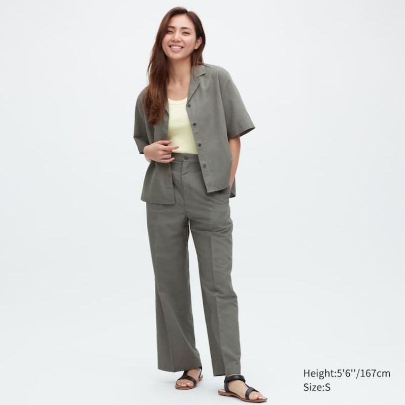 Uniqlo Linen Blend Pleated Wide Leg Women\'s Trousers Olive | TIGWCY854