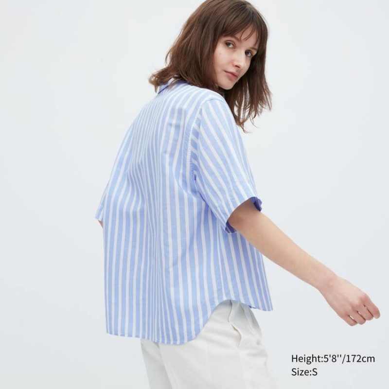 Uniqlo Linen Blend Short Sleeve Women's Shirts Light Blue | ADNUZP197