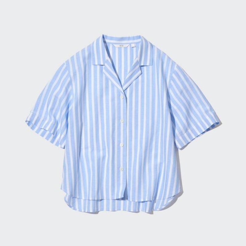 Uniqlo Linen Blend Short Sleeve Women's Shirts Light Blue | ADNUZP197