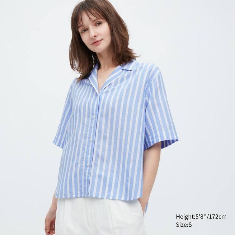 Uniqlo Linen Blend Short Sleeve Women\'s Shirts Light Blue | ADNUZP197