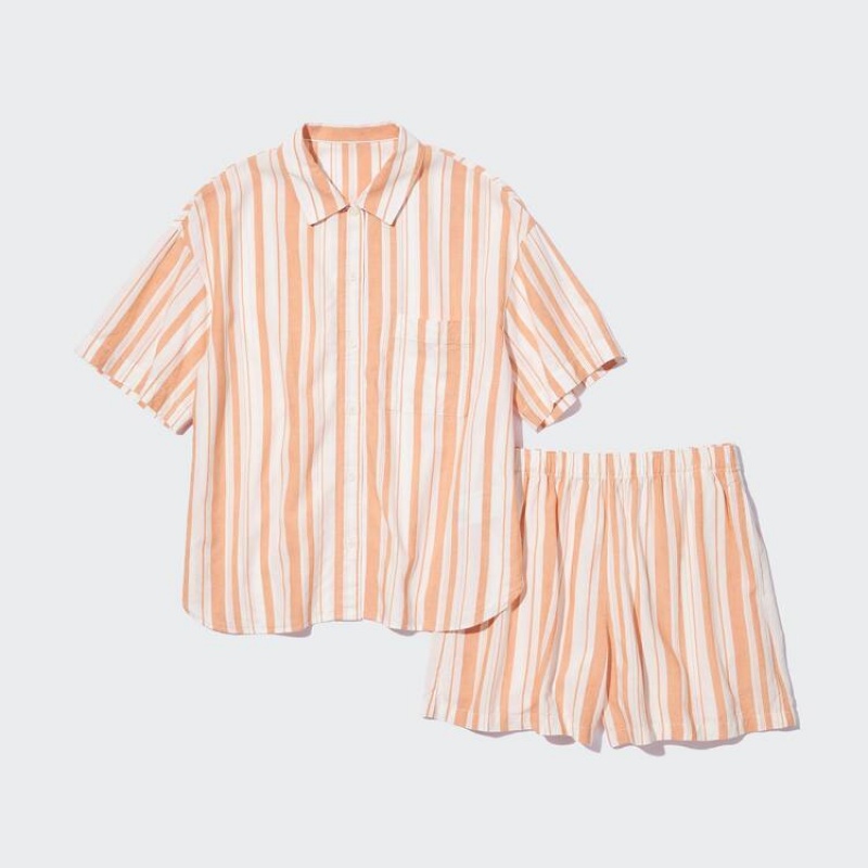 Uniqlo Linen Blend Short Sleeved Set Women's Loungewear Orange | WJFKAT159