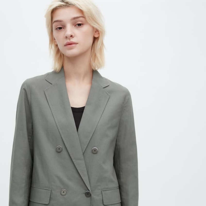 Uniqlo Linen Blend Women's Jackets Olive | FGEBUC132