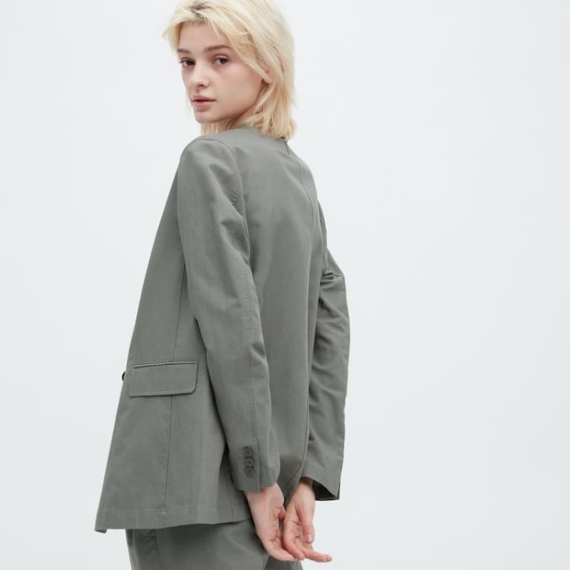 Uniqlo Linen Blend Women's Jackets Olive | FGEBUC132