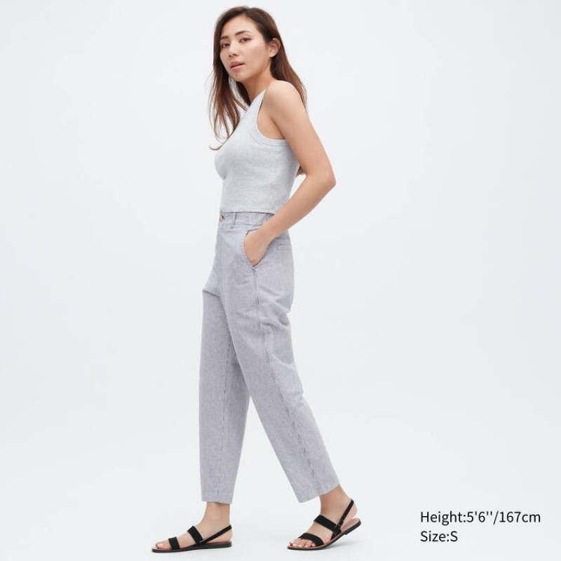 Uniqlo Linen Cotton Blend Striped Tapered Women's Trousers Blue | TFCVDO596