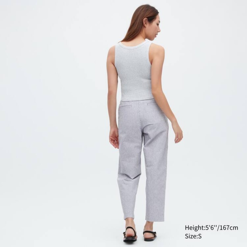 Uniqlo Linen Cotton Blend Striped Tapered Women's Trousers Blue | TFCVDO596