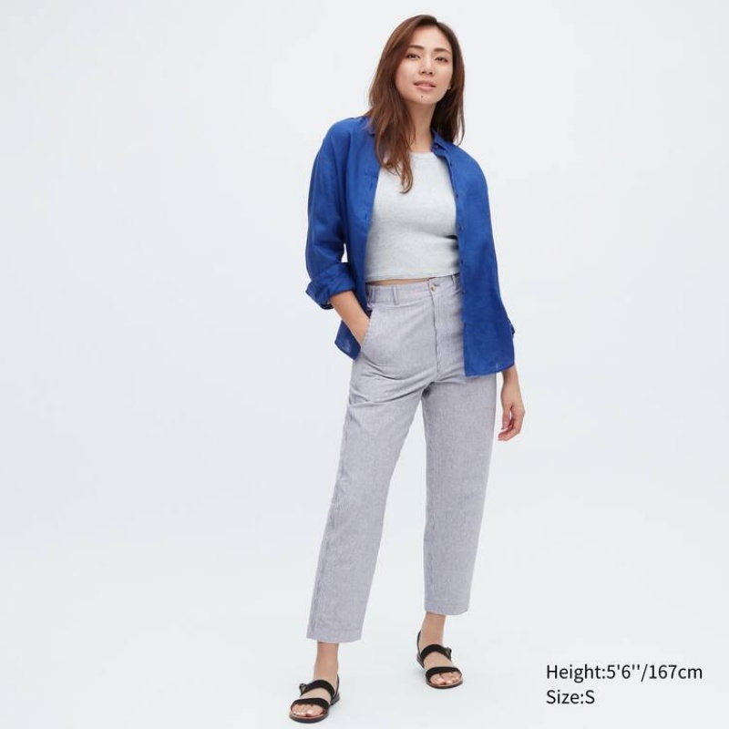 Uniqlo Linen Cotton Blend Striped Tapered Women\'s Trousers Blue | TFCVDO596