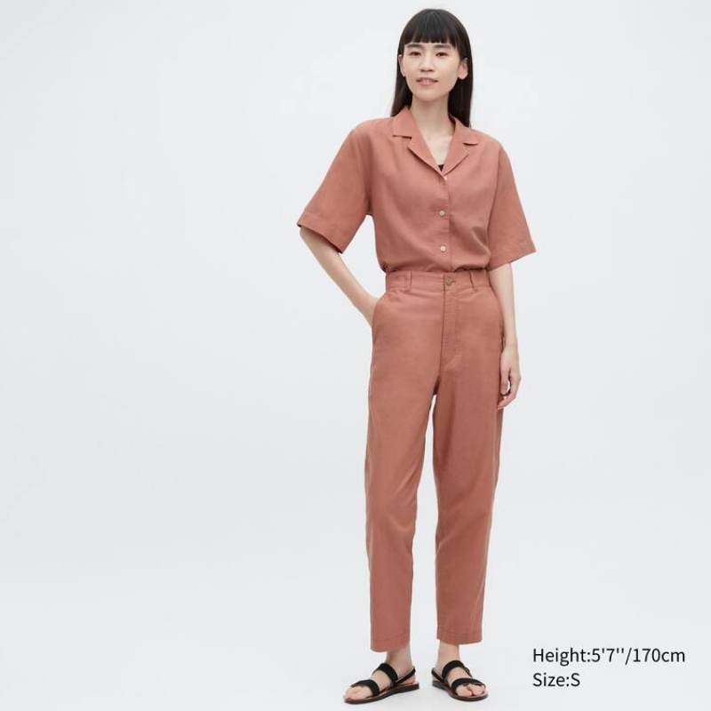 Uniqlo Linen Cotton Blend Tapered Women's Trousers Brown | LOHFZB215