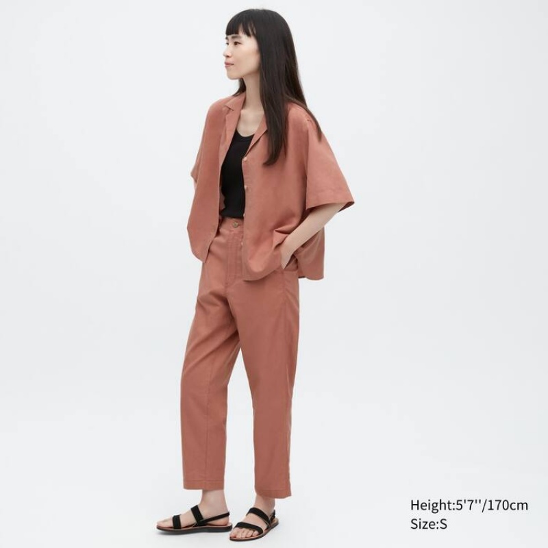 Uniqlo Linen Cotton Blend Tapered Women\'s Trousers Brown | LOHFZB215