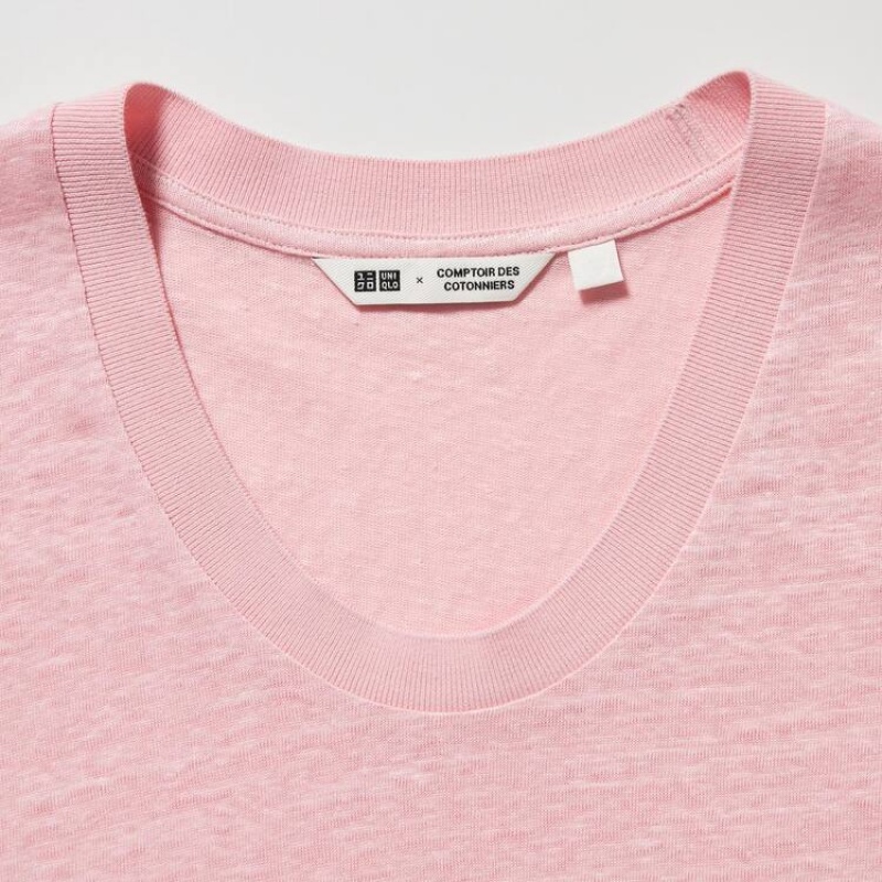 Uniqlo Linen Crew Neck Women's Shirts Pink | AZGFKQ618