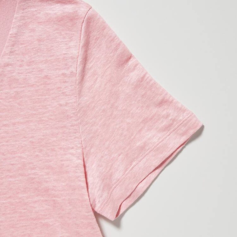 Uniqlo Linen Crew Neck Women's Shirts Pink | AZGFKQ618