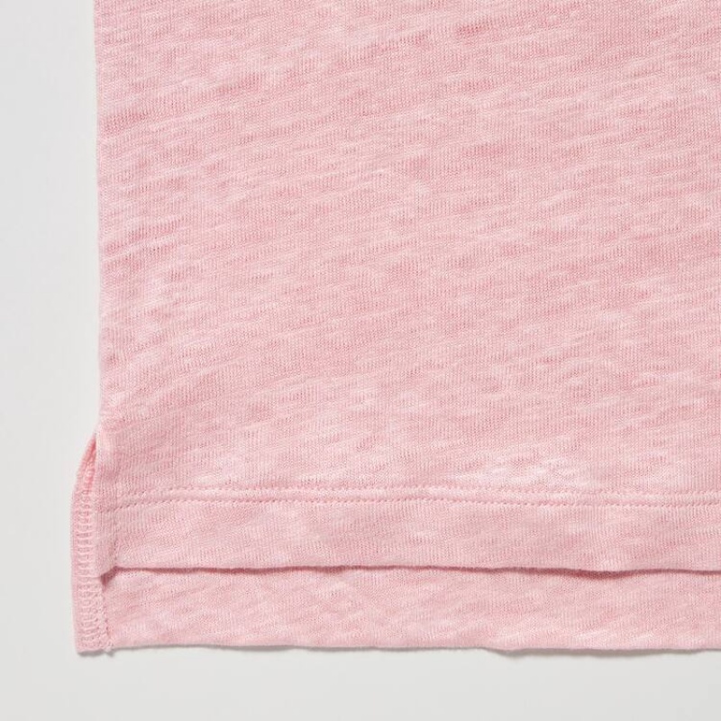 Uniqlo Linen Crew Neck Women's Shirts Pink | AZGFKQ618