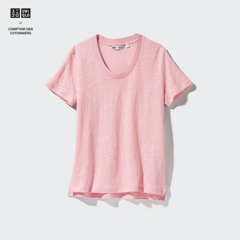 Uniqlo Linen Crew Neck Women\'s Shirts Pink | AZGFKQ618