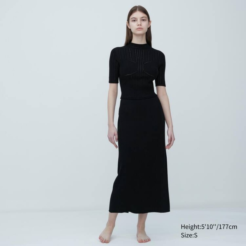 Uniqlo Mame Kurogouchi 3d Knit Seamless Mesh Half Sleeve Women's Shirts Black | ANZPDM039