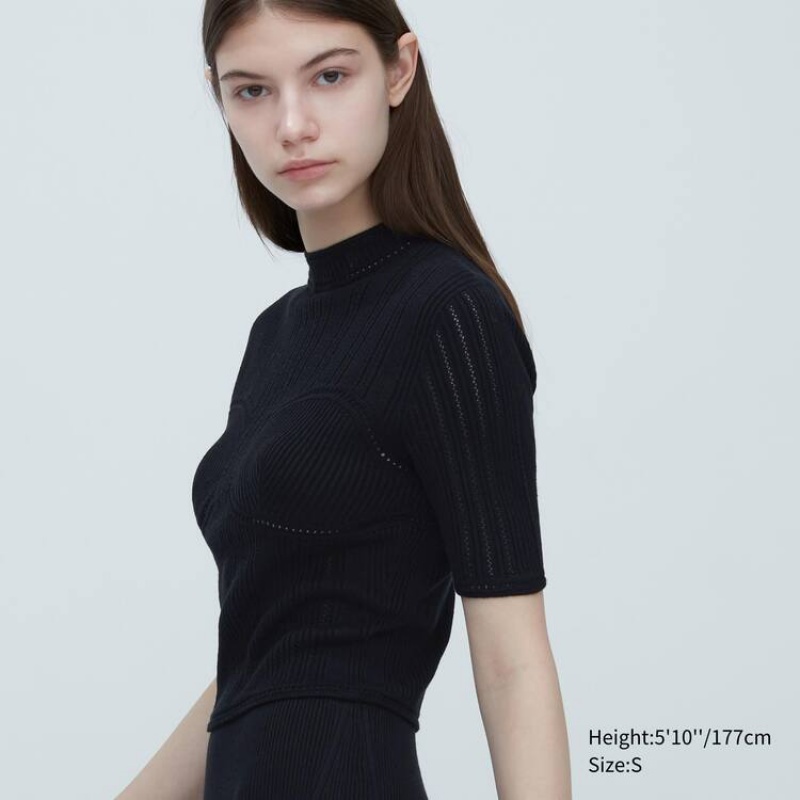 Uniqlo Mame Kurogouchi 3d Knit Seamless Mesh Half Sleeve Women's Shirts Black | ANZPDM039