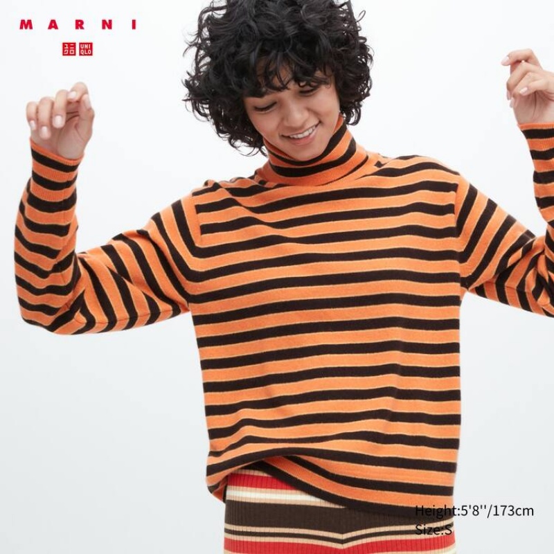 Uniqlo Marni Cashmere Striped Turtleneck Women\'s Knitwear Orange | XCJFBS049