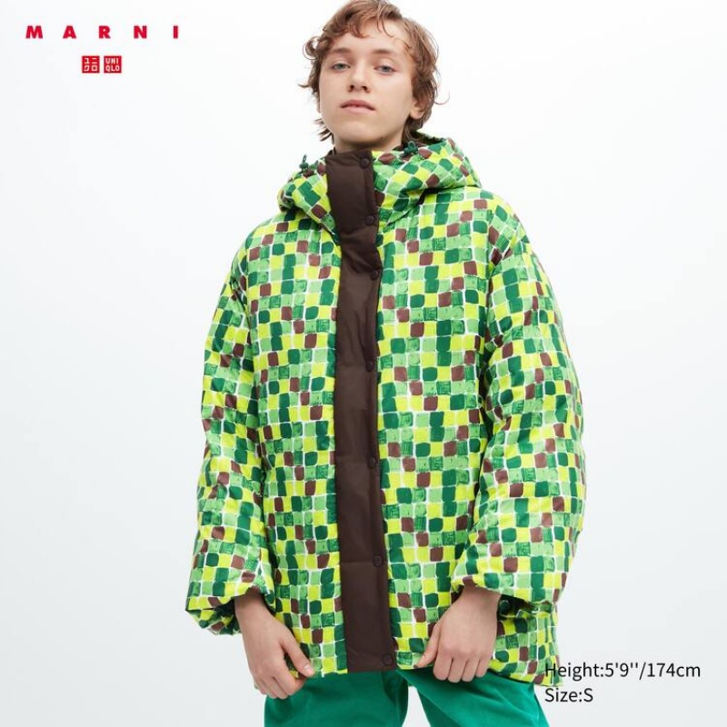 Uniqlo Marni Down Printed Oversized Women\'s Coats Green | IXZVAW509