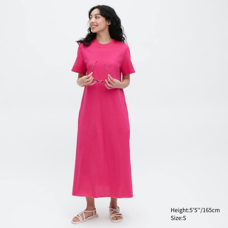 Uniqlo Mercerised Cotton A-line Short Sleeved Women\'s Dress Pink | HDBSMG374