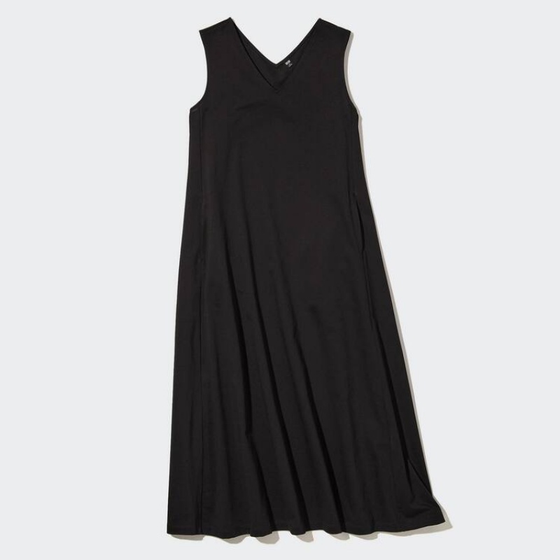 Uniqlo Mercerised Cotton V Neck A-line Sleeveless Women\'s Dress Black | YNXJDH594