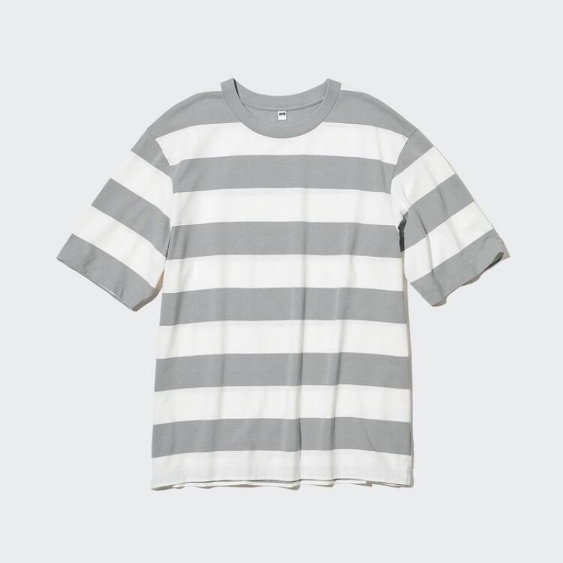 Uniqlo Oversized Striped Half Sleeved Men's T Shirts Grey | MXWTJE843