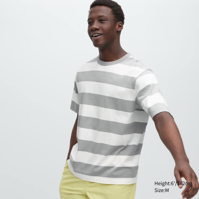 Uniqlo Oversized Striped Half Sleeved Men\'s T Shirts Grey | MXWTJE843