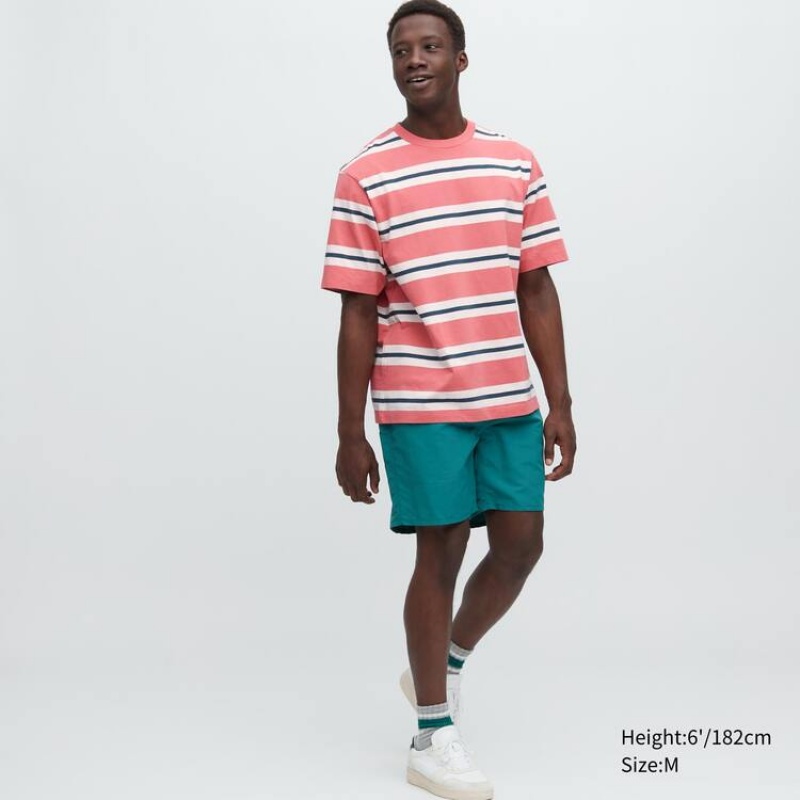 Uniqlo Oversized Striped Half Sleeved Men's T Shirts Pink | MTVGFP915