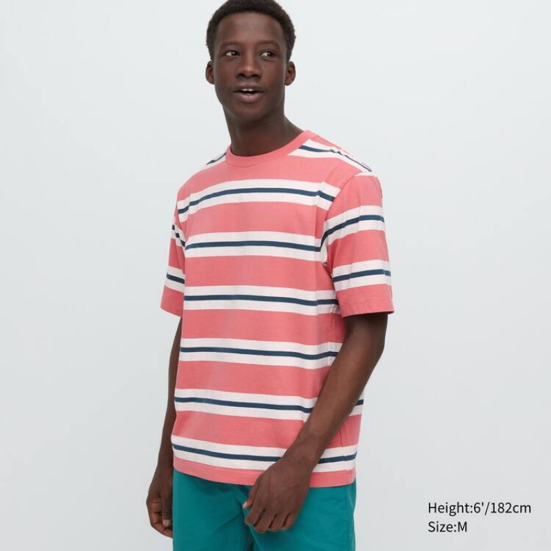 Uniqlo Oversized Striped Half Sleeved Men\'s T Shirts Pink | MTVGFP915