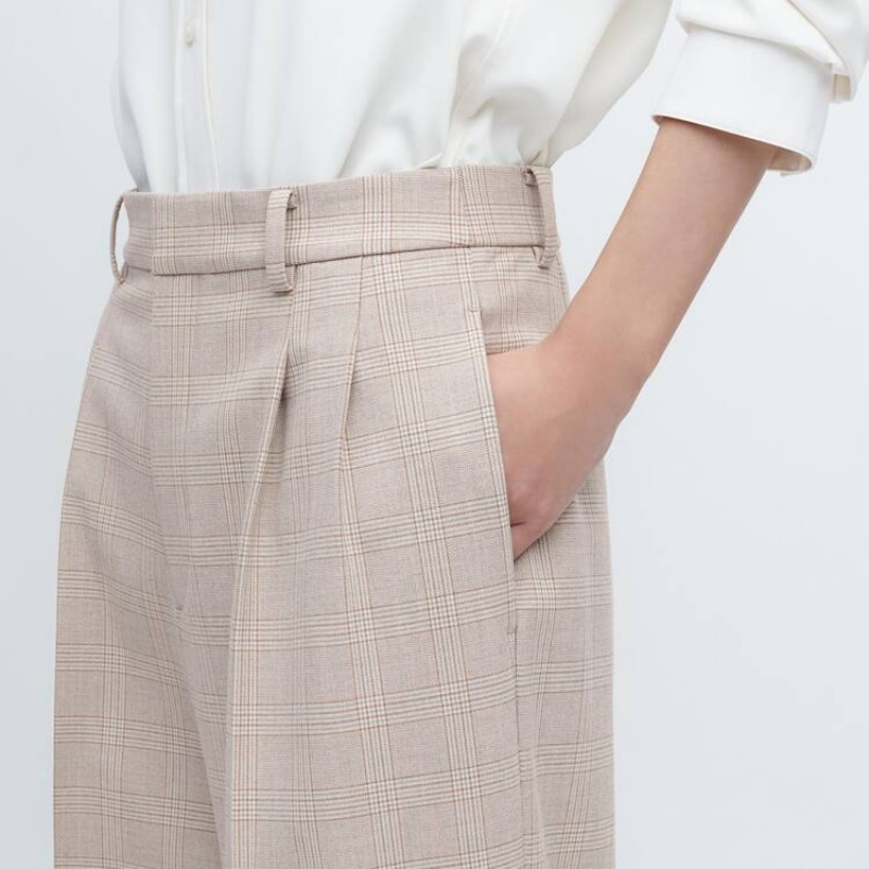 Uniqlo Pleated Checked Wide Leg Women's Trousers Beige | FDPUBS871