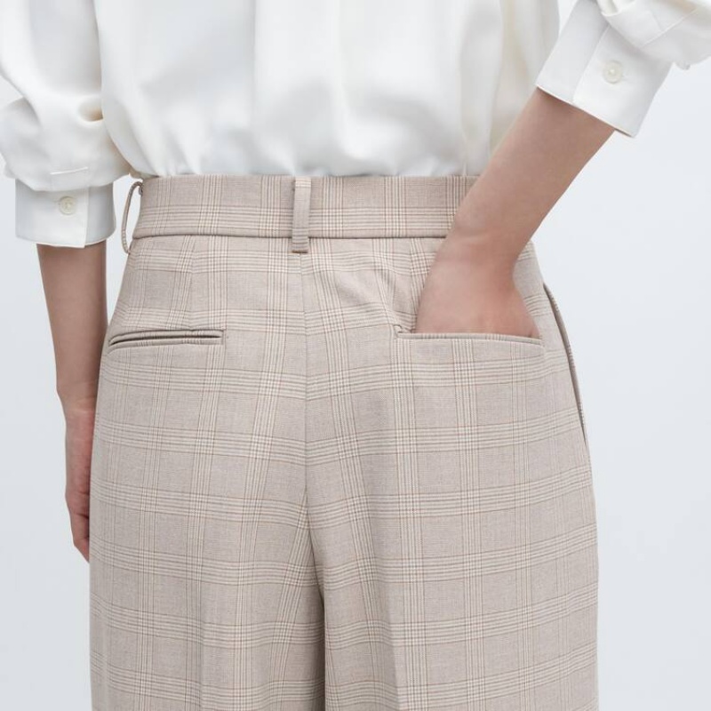 Uniqlo Pleated Checked Wide Leg Women's Trousers Beige | FDPUBS871