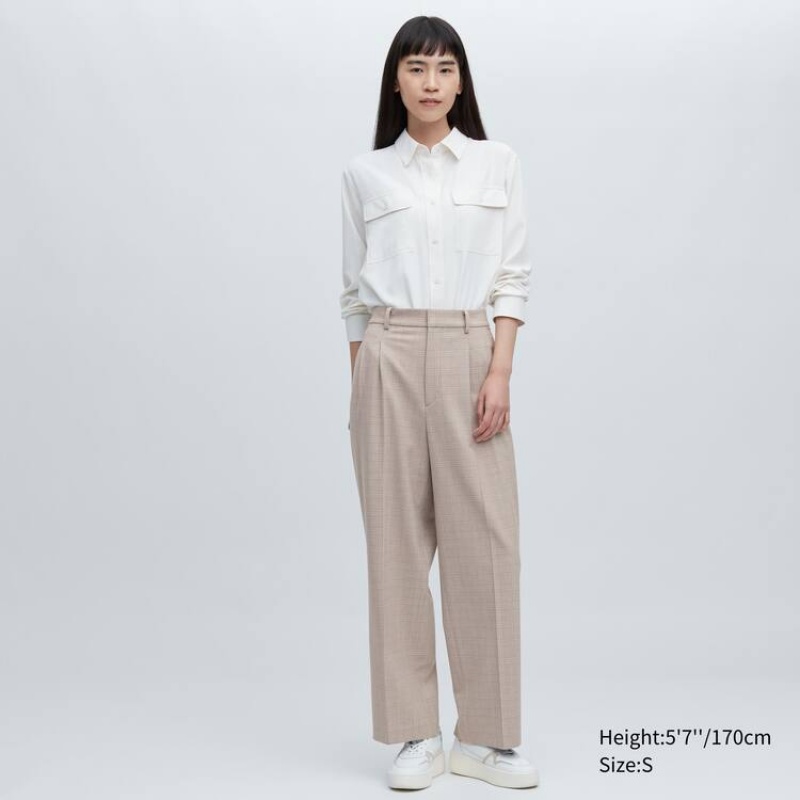 Uniqlo Pleated Checked Wide Leg Women's Trousers Beige | FDPUBS871