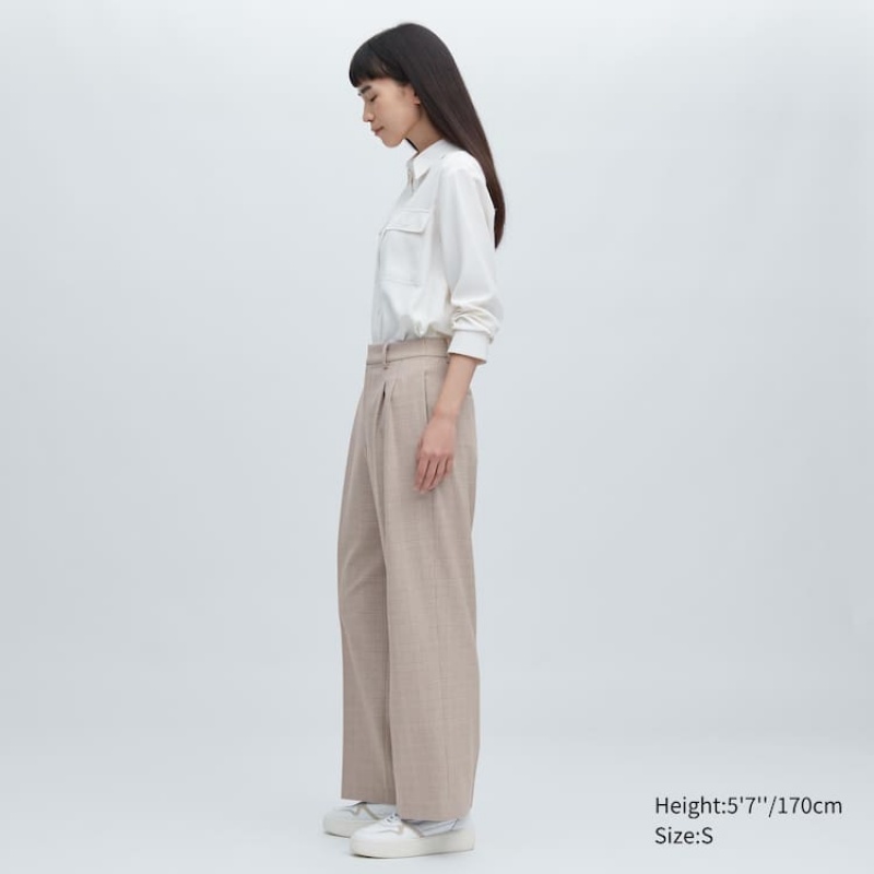 Uniqlo Pleated Checked Wide Leg Women's Trousers Beige | FDPUBS871