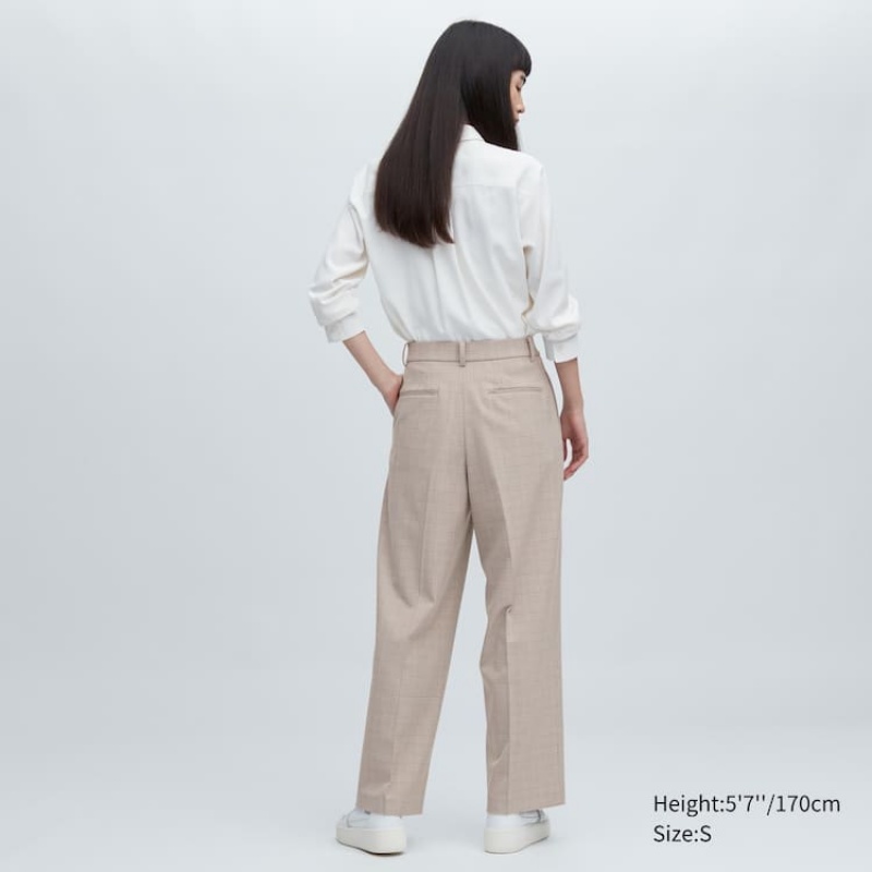 Uniqlo Pleated Checked Wide Leg Women's Trousers Beige | FDPUBS871