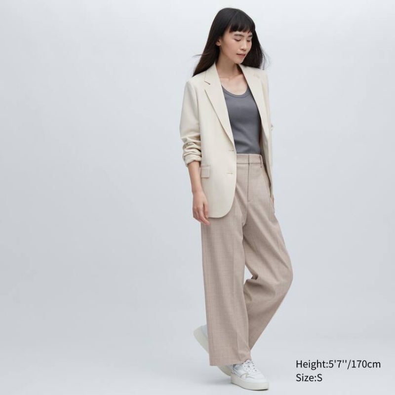 Uniqlo Pleated Checked Wide Leg Women\'s Trousers Beige | FDPUBS871