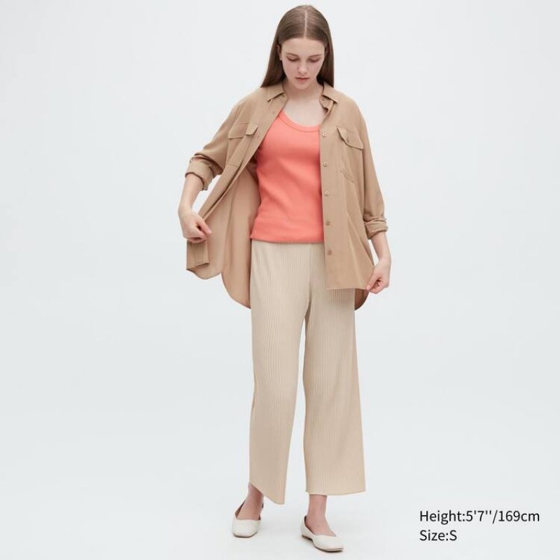 Uniqlo Pleated Straight Leg Easy Women\'s Trousers Beige | DPOGAZ917