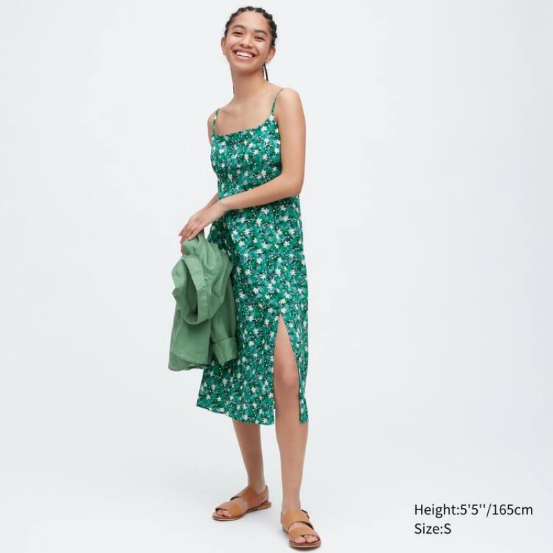 Uniqlo Printed Front Slit Camisole Women\'s Dress Green | OJGIBV263