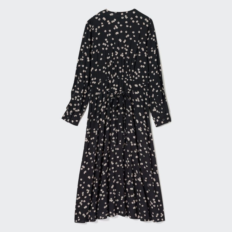 Uniqlo Printed V Neck Flared Long Sleeved Women's Dress Black | PRIQJU547