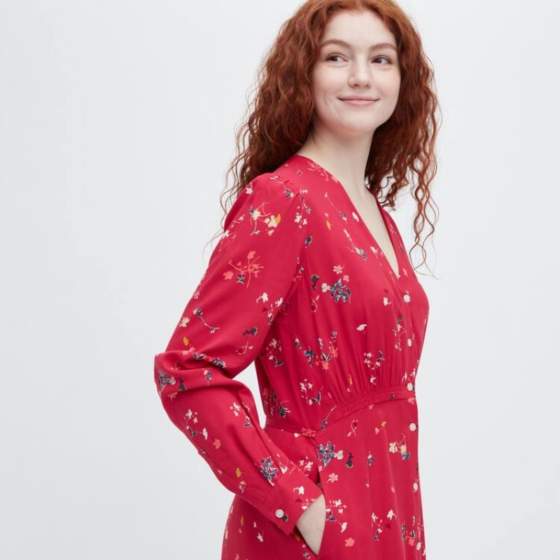 Uniqlo Printed V Neck Flared Long Sleeved Women's Dress Red | DTFUWE234