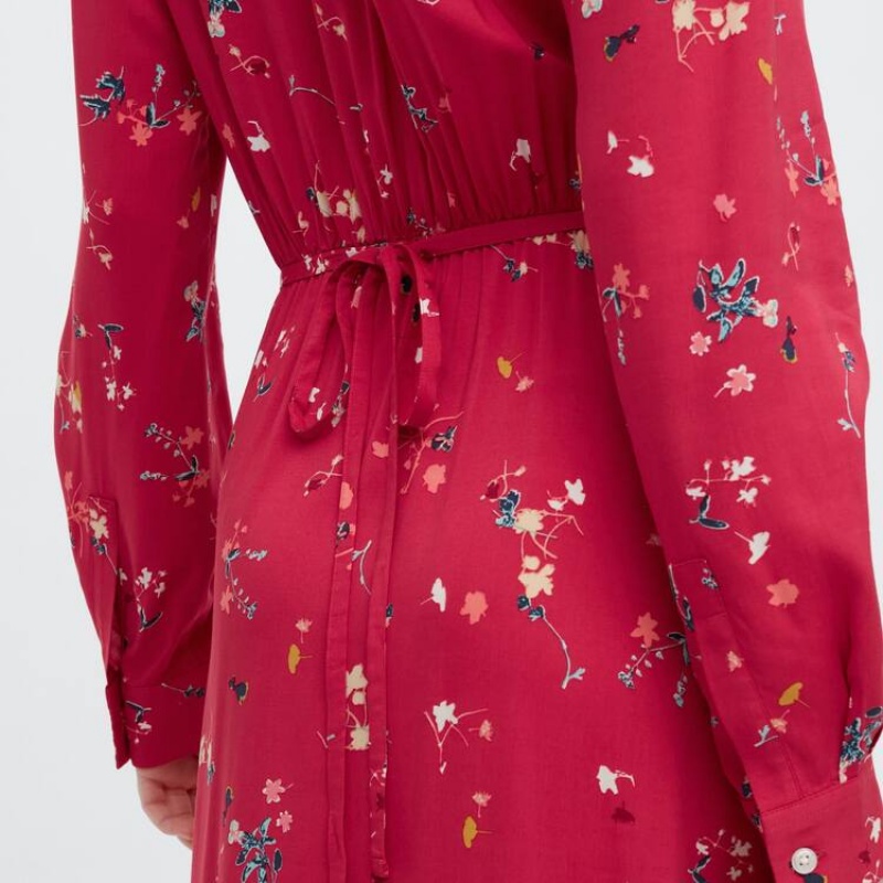 Uniqlo Printed V Neck Flared Long Sleeved Women's Dress Red | DTFUWE234