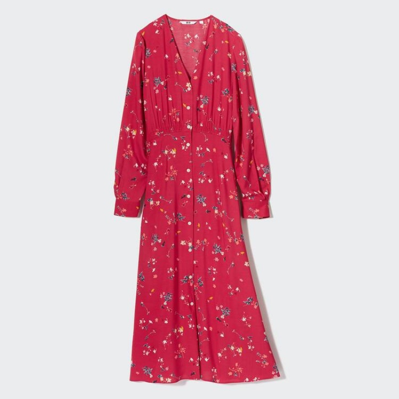 Uniqlo Printed V Neck Flared Long Sleeved Women's Dress Red | DTFUWE234