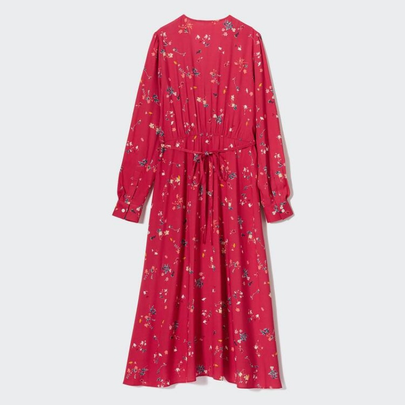 Uniqlo Printed V Neck Flared Long Sleeved Women's Dress Red | DTFUWE234