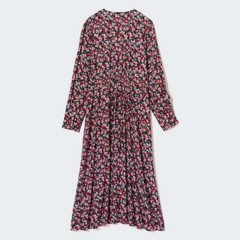 Uniqlo Printed V Neck Flared Long Sleeved Women's Dress Pink | ZKMHYT320