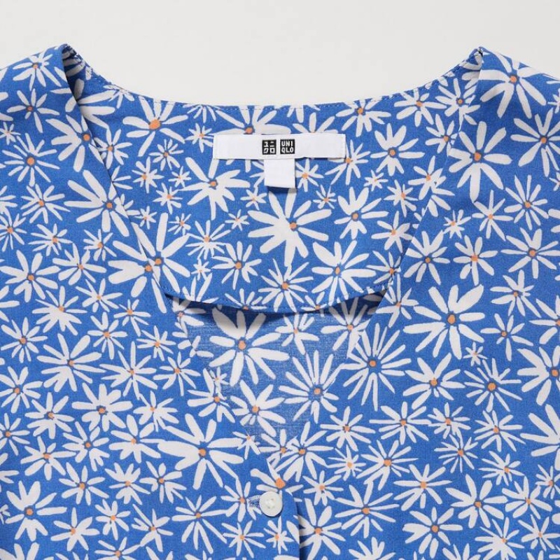 Uniqlo Printed V Neck Long Sleeved Women's Blouse Blue | EUITOQ396