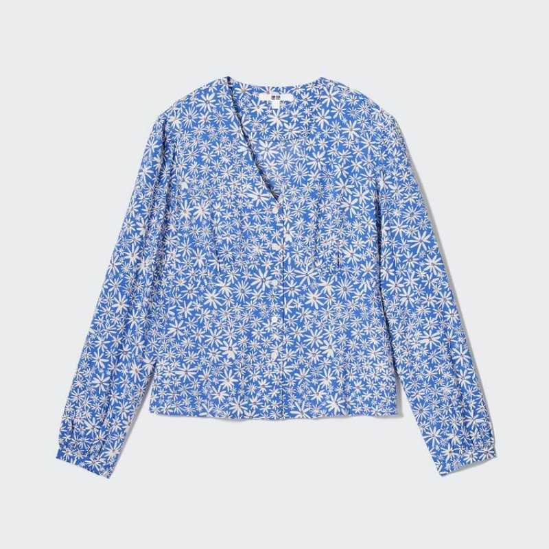 Uniqlo Printed V Neck Long Sleeved Women\'s Blouse Blue | EUITOQ396