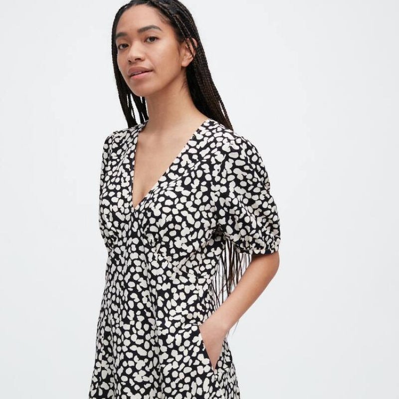 Uniqlo Printed V Neck Short Sleeved Mini Women's Dress White / Black | PXBZQR132