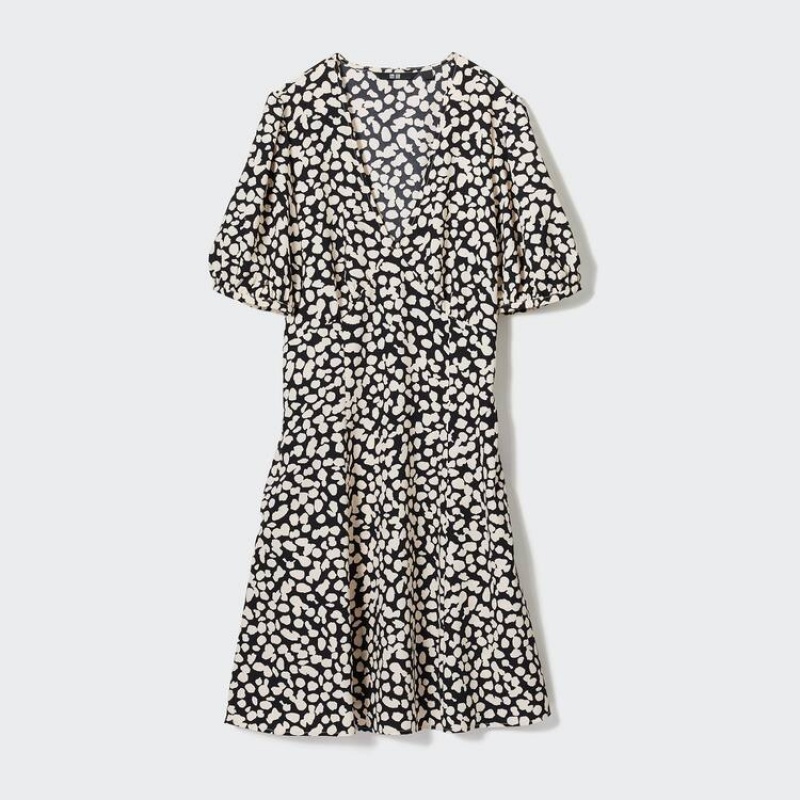 Uniqlo Printed V Neck Short Sleeved Mini Women's Dress White / Black | PXBZQR132